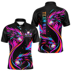 Maxcorners Wolf Mens Golf Polo Shirt Custom Neon Purple Pattern Team Golf Tops, Black Golf Outfit For Men