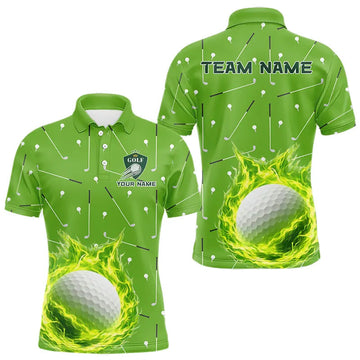 Maxcorners Mens Golf Polo Shirt Custom Green And White Golf Ball Flame Team Golf Shirts, Golf Tops For Men