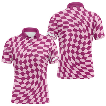 Maxcorners Plaid Mens Golf Polo Shirt Custom Purple & Pink Checkerboard Argyle Pattern Golf Shirts For Men LM1104