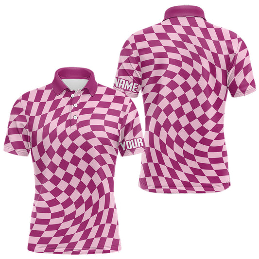 Maxcorners Plaid Mens Golf Polo Shirt Custom Purple & Pink Checkerboard Argyle Pattern Golf Shirts For Men LM1104