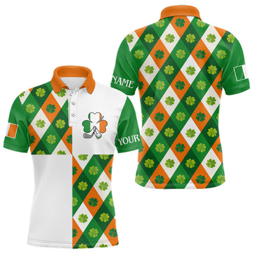 Maxcorners Argyle Mens Golf Polo Shirts Custom Ireland Flag St Patricks Day Green Clovers Plaid Golf Tops LM1104
