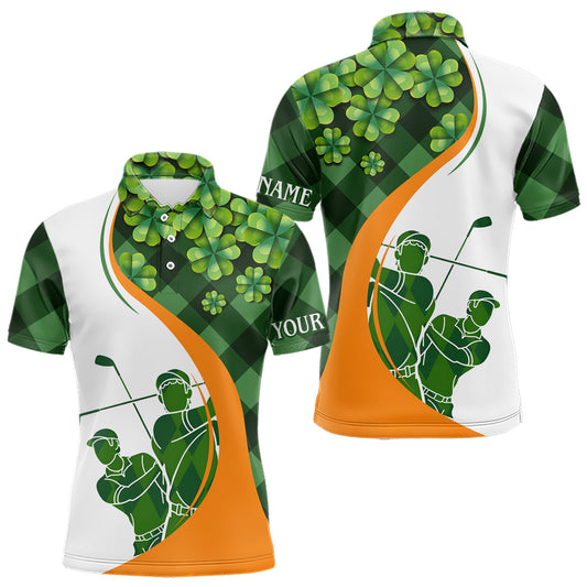 Maxcorners Mens Golf Polos Shirts Custom Green Clover St Patricks Day Plaid Pattern Golf Tops Personalized LM1104