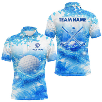 Maxcorners Luxury Blue Mens Golf Polo Shirt Custom Water Splash Pattern With Golf Ball, Team Name Golf Tops