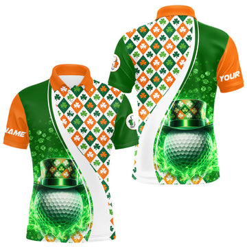 Maxcorners Mens Golf Polo Shirts Custom Green Clover St Patricks Day Plaid Pattern Ireland Flag Flame Golf Ball LM1104