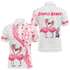 Maxcorners Matching Golf Polo Shirts For Couples, Custom Pink & White Glitter Flamingo Valentine Golf Outfits LM1112