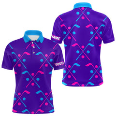 Maxcorners Mens Golf Polo Shirts Blue Purple Pink Custom Golf Balls And Golf Clubs Pattern, Team Golf Shirt TU0501