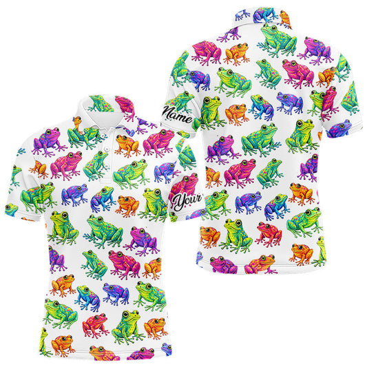 Maxcorners Funny Colorful Frog Pattern Mens Golf Polo Shirts Custom Watercolor Golf Attire For Men, Golf Gifts LM1104