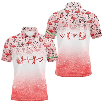Maxcorners Red Flamingo Heart Theme Matching Golf Polos For Couple Custom Couple Valentines Outfit LM1104