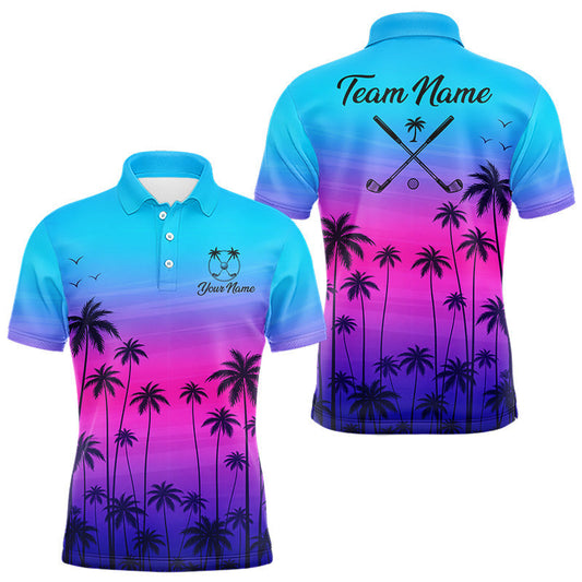 Maxcorners Pink Blue Neon Palm Pattern Mens Golf Polo Shirt Custom Golf Ball Blue Golf Tops, Golfer Gifts LM2201