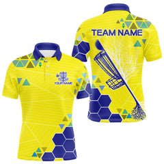 Maxcorners Blue And Yellow Hexagon Pattern Mens Disc Golf Polo Shirts Custom Team Disc Golf Jerseys