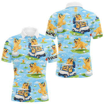 Maxcorners Mens Golf Polo Shirt Custom Funny Golden Retriever Blue Pattern Team Golf Tops, Dog Lover Gift