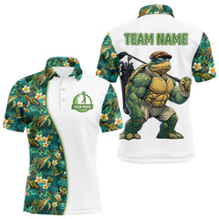 Maxcorners Funny Mens Golf Polo Shirt Custom Green Tropical Leaf Pattern Personalized Turtle Golf Shirts For Men LM1112