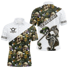 Maxcorners Funny Mens Golf Polo Shirts Custom Green Tropical Leaf Pattern Personalized Skull Golf Shirts For Men LM1812