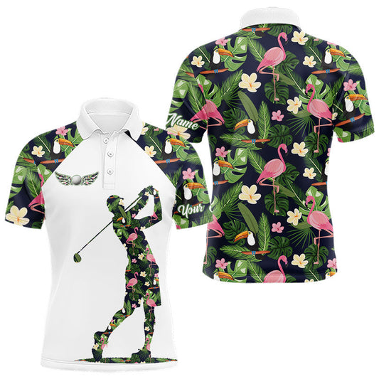 Maxcorners Funny Mens Golf Polo Shirt Custom Tropical Leaf Pattern Personalized Flamingo Golf Shirts For Men LM0101