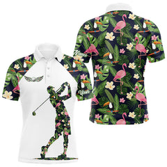 Maxcorners Funny Mens Golf Polo Shirt Custom Tropical Leaf Pattern Personalized Flamingo Golf Shirts For Men LM0101
