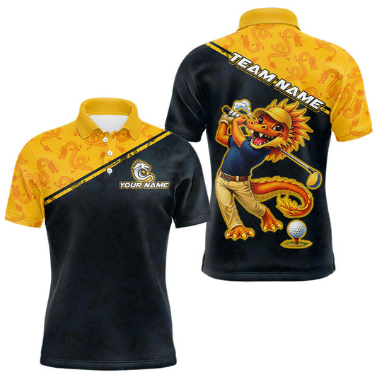 Maxcorners Funny Dragon Mens Golf Polo Shirts Custom Yellow And Blue Dragon Pattern Team Golf Outfits, Golf Gifts