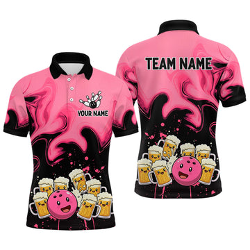 Maxcorners Funny Beer Bowling Shirts Pink for Women Men Bowling Polo&1/4 Zip Bowling League