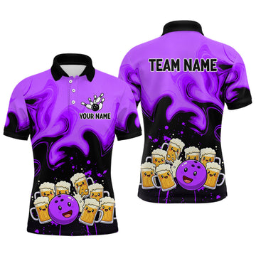 Maxcorners Funny Beer Bowling Shirts Purple for Women Men Bowling Polo&1/4 Zip Bowling League