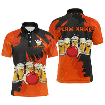 Maxcorners Funny Beer Bowling Shirts Orange for Women Men Team Bowling Polo & 1/4 Zip Shirts
