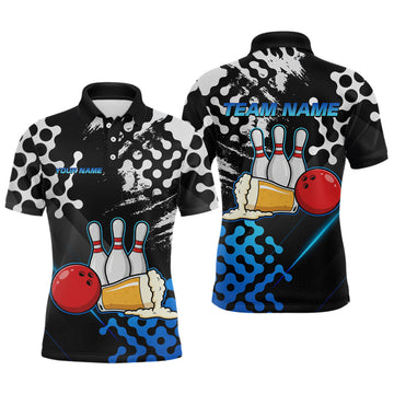 Maxcorners Blue Beer Bowling Shirts for Team Women Men Beer Bowling Polo&1/4 Zip Bowl League