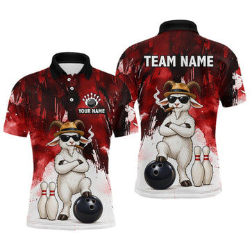 Maxcorners Red Funny Goat Bowling Team Shirts for Men Custom Bowling Gifts for Bowler Polo & 1/4 Zip LM2709