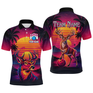 Maxcorners Custom Deer Neon Sunset Bowling Team Shirts for Men Bowling Outfit Polo & 1/4 Zip LM2709