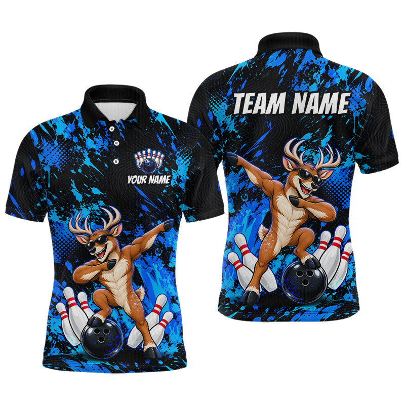 Maxcorners Custom Blue Funny Deer Bowling Team Jerseys Bowling Shirts for Men Polo & 1/4 Zipper
