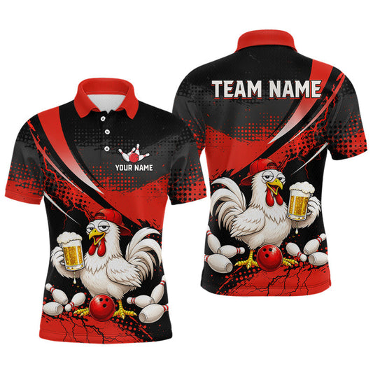 Maxcorners Custom Red Funny Beer Chicken Bowling Jersey for Men Bowling Team Shirts Bowling League