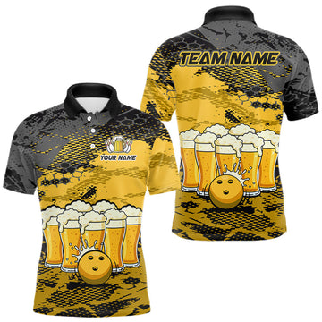 Maxcorners Custom Yellow Beer Bowling Shirts for Men Bowling Team Jersey Bowling League Polo & 1/4 Zip