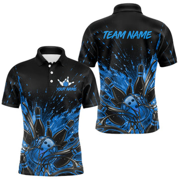 Maxcorners Personalized Blue Bowling Jerseys For Men, Custom Bowling Team Shirts Bowling Pin And Ball LM1508