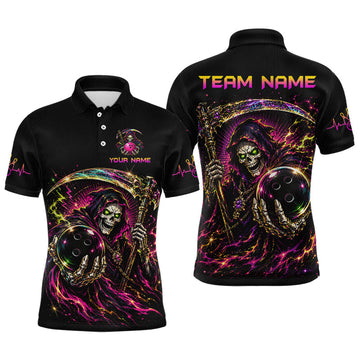 Maxcorners Custom Neon Grim Reaper Bowling Jersey for Men Bowling Team Shirts Bowling Polo & 1/4 Zip LM1406
