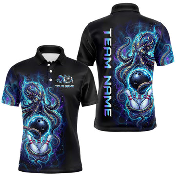 Maxcorners Custom Turquoise Flame Octopus Bowling Jersey for Men Bowling Team Shirts Polo & 1/4 Zip LM1508