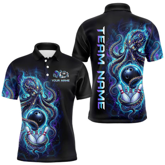 Maxcorners Custom Turquoise Flame Octopus Bowling Jersey for Men Bowling Team Shirts Polo & 1/4 Zip LM1508