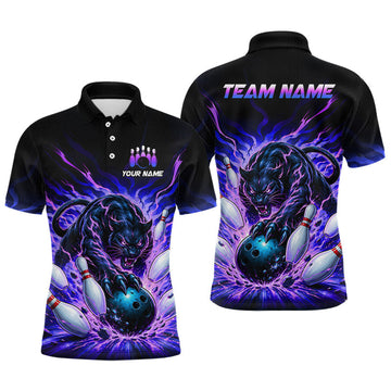 Maxcorners Custom Black Panther Bowling Jersey for Men Purple Bowling Team Shirts Bowling League Polo & 1/4 Zip