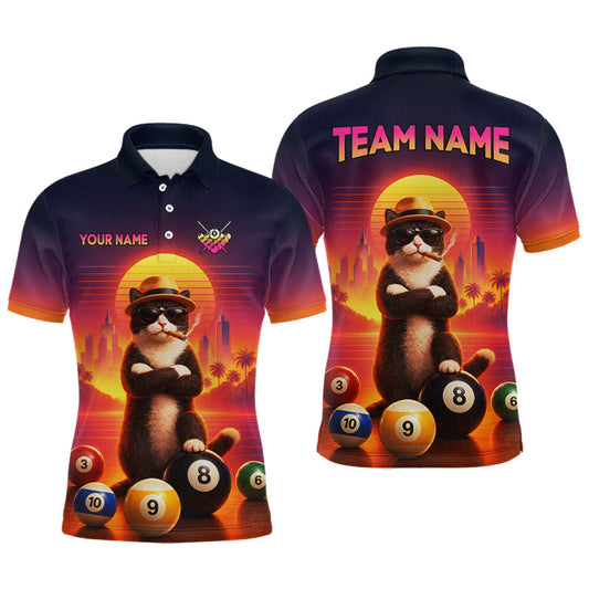 Maxcorners Custom Funny Cat 8 Ball Sunset Billiard Shirts for Men Billiard Team Jerseys Billiard League