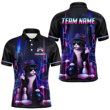 Maxcorners Custom Neon Funny Cat Bowling Jersey for Men Cat Bowling Team Shirts Polo & 1/4 Zip LM1508