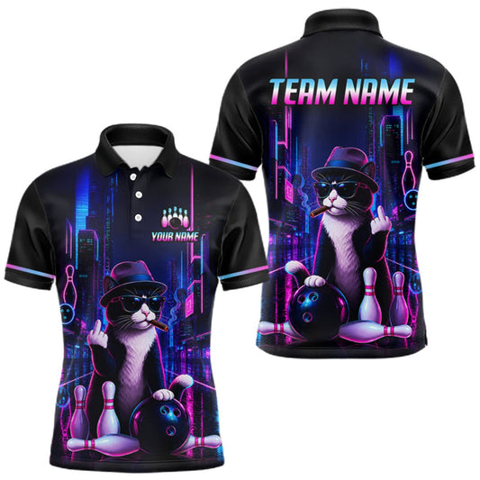 Maxcorners Custom Neon Funny Cat Bowling Jersey for Men Cat Bowling Team Shirts Polo & 1/4 Zip LM1508