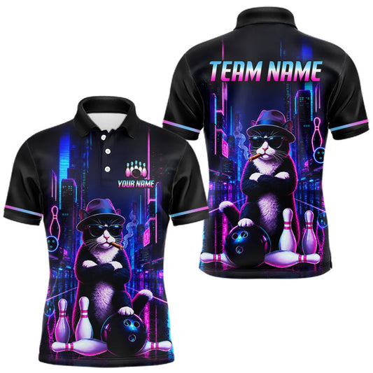 Maxcorners Neon Funny Cat Bowling Jersey for Men Custom Cat Bowling Team Shirts Polo & 1/4 Zip LM1508