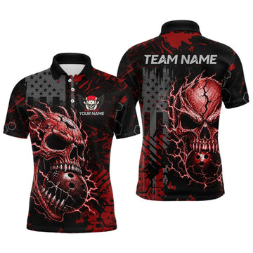 Maxcorners Custom Red Thunder Skull US Flag Bowling Team Shirts For Men Bowling Gifts Bowling League LM1508