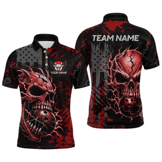 Maxcorners Custom Red Thunder Skull US Flag Bowling Team Shirts For Men Bowling Gifts Bowling League LM1508