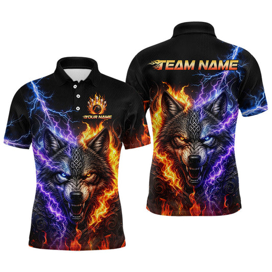 Maxcorners Custom Fire Lightning Wolf Bowling Shirt for Men Bowling Team Shirts Bowling League