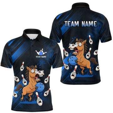 Maxcorners Custom Blue Funny Horse Bowling Jersey for Men Bowling Team Shirts Bowling Tourament