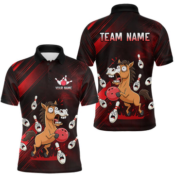 Maxcorners Custom Red Funny Horse Bowling Jersey for Men Bowling Team Shirts Bowling Tourament