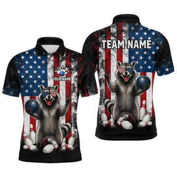 Maxcorners Custom US Flag Raccoon Bowling Shirt for Men Bowling Team Shirts Bowling League
