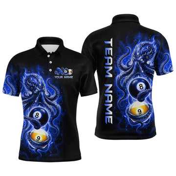 Maxcorners Custom Blue Octopus 8 Ball 9 Ball Billiard Shirt for Men Billiard Team Jerseys Billiard League LM2306