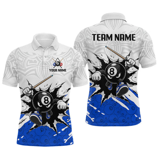 Maxcorners Custom Blue Cracked Funny 8 Ball Pool Shirts Men Billiard Polo & 1/4 Zip Shirts Billiard Team Jerseys LM2306