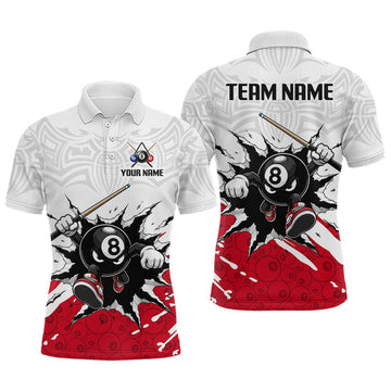 Maxcorners Custom Red Cracked Funny 8 Ball Pool Shirts Men Billiard Polo & 1/4 Zip Shirts Billiard Team Jerseys LM2306
