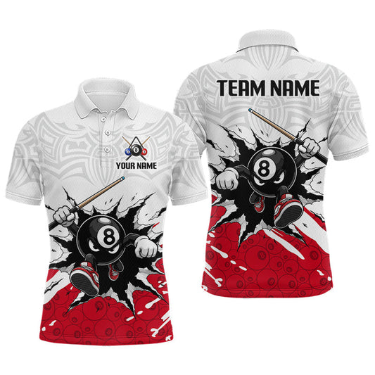 Maxcorners Custom Red Cracked Funny 8 Ball Pool Shirts Men Billiard Polo & 1/4 Zip Shirts Billiard Team Jerseys LM2306