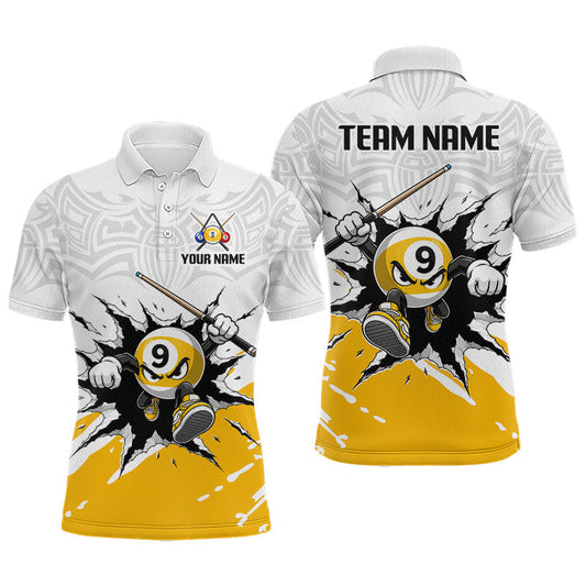Maxcorners Custom Yellow Cracked Funny 9 Ball Pool Shirts Men Billiard Polo & 1/4 Zip Shirts Billiard Team Jerseys LM2306