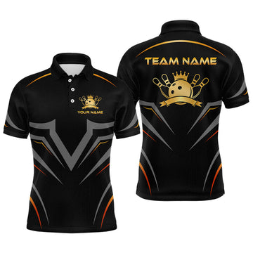 Maxcorners Custom Black and Gold Crown Bowling Jersey for Men Bowling Team Shirts Bowling League LM2306